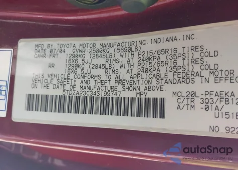 2004 Toyota Sienna Le из США, поврежденный, VIN 5TDZA23C34S199747